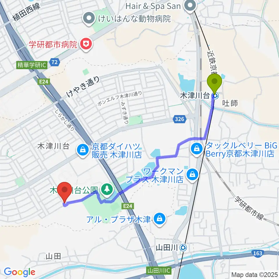木津川台駅からアルテノーヴァへのルートマップ地図