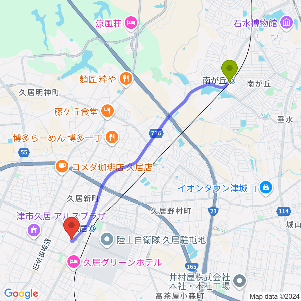 南が丘駅から（有）フミヤ楽器へのルートマップ地図