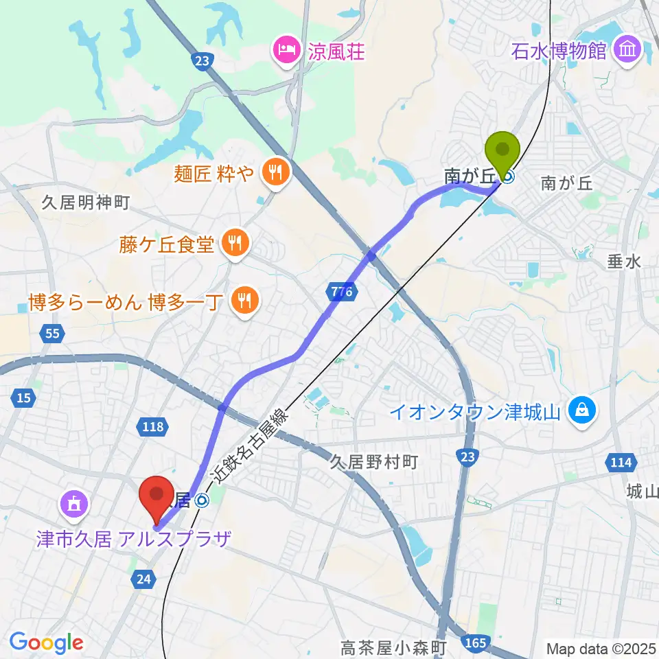 南が丘駅からフミヤ楽器へのルートマップ地図