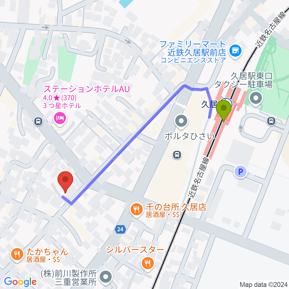 （有）フミヤ楽器の最寄駅久居駅からの徒歩ルート（約5分）地図