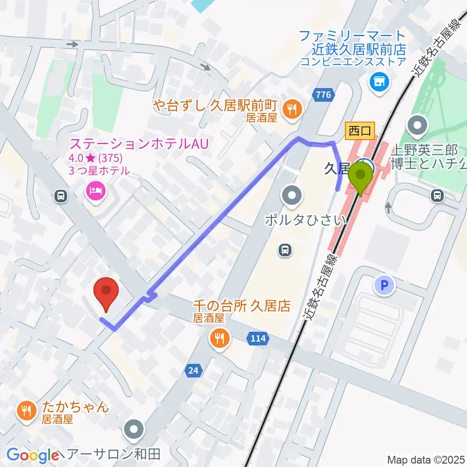 フミヤ楽器の最寄駅久居駅からの徒歩ルート（約5分）地図