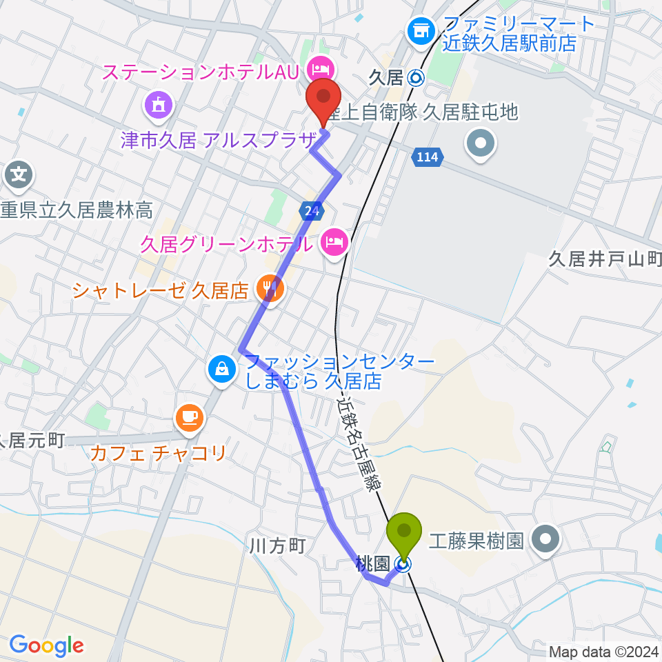 桃園駅から（有）フミヤ楽器へのルートマップ地図