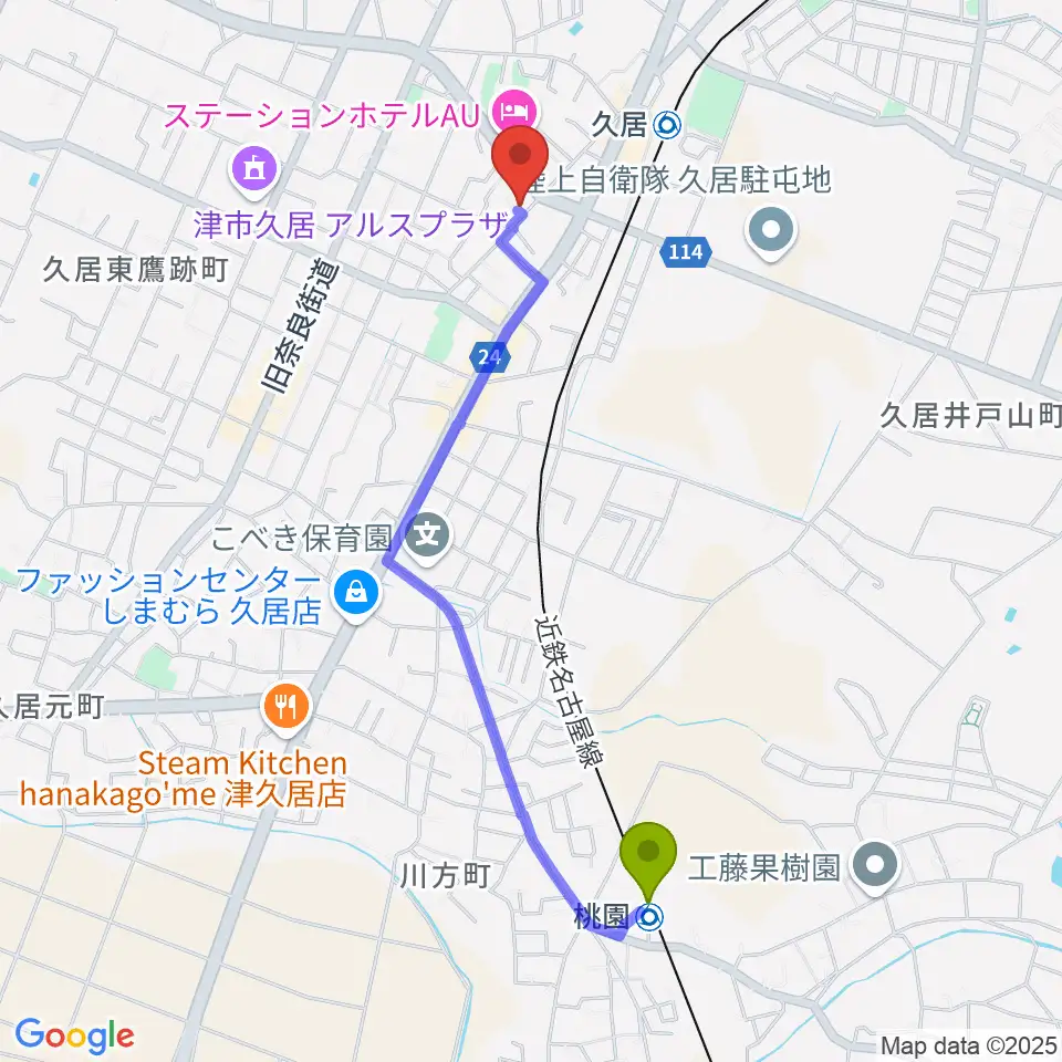 桃園駅からフミヤ楽器へのルートマップ地図