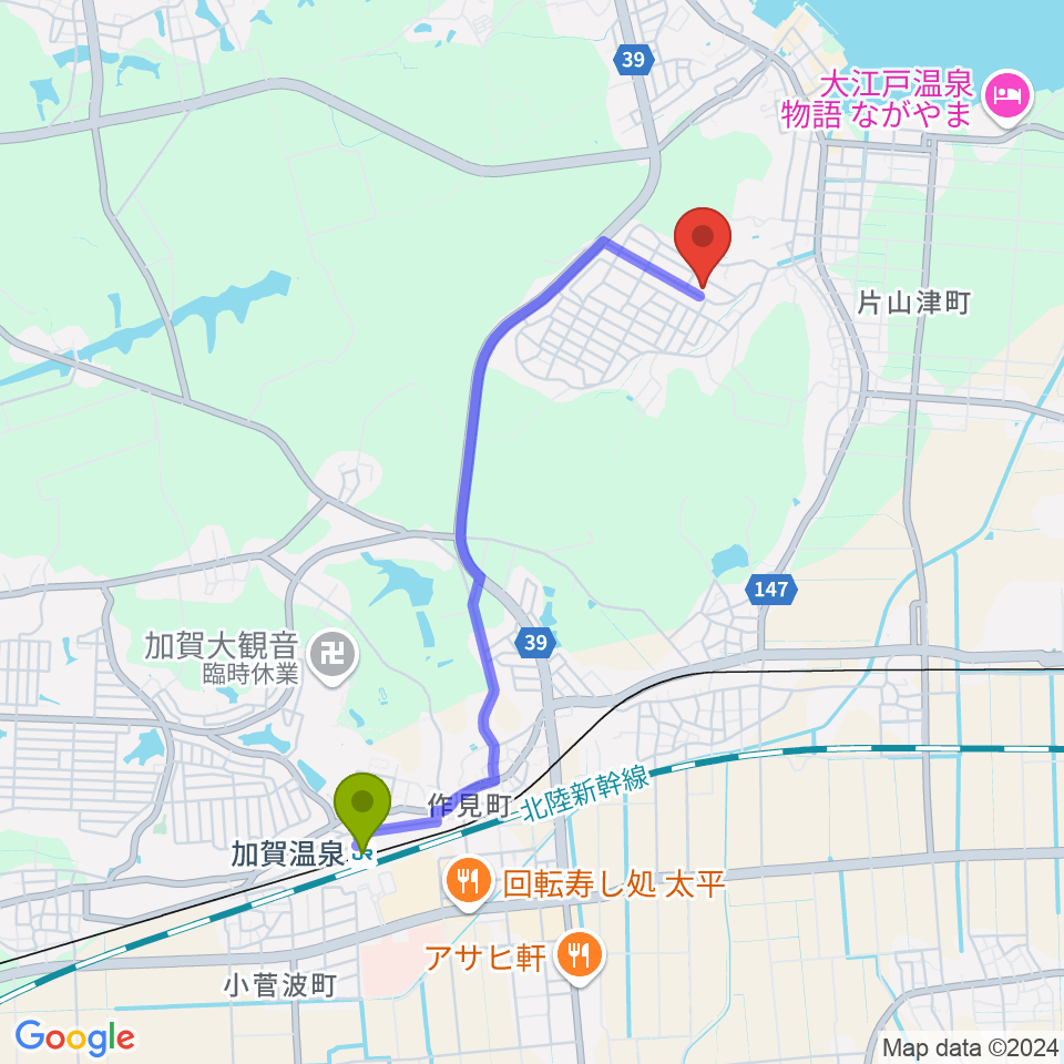 加賀温泉駅からパスカル音楽教室へのルートマップ地図