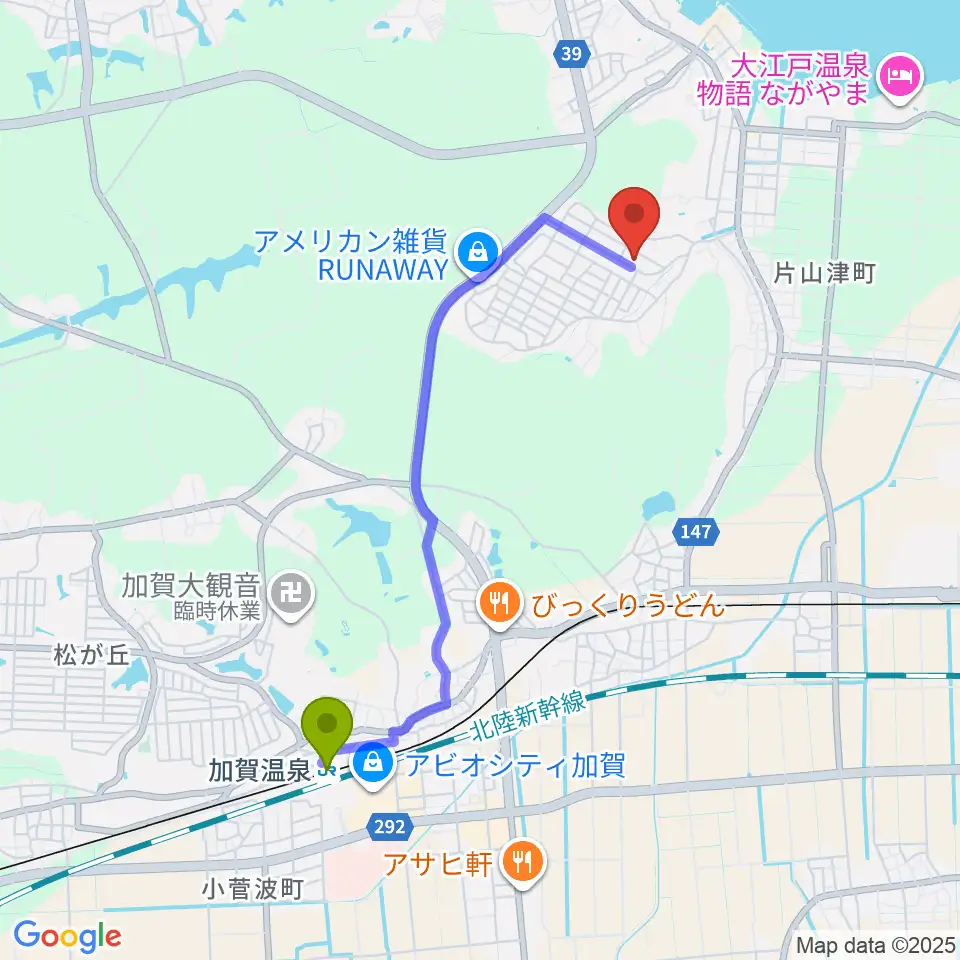 加賀温泉駅からパスカル音楽教室へのルートマップ地図