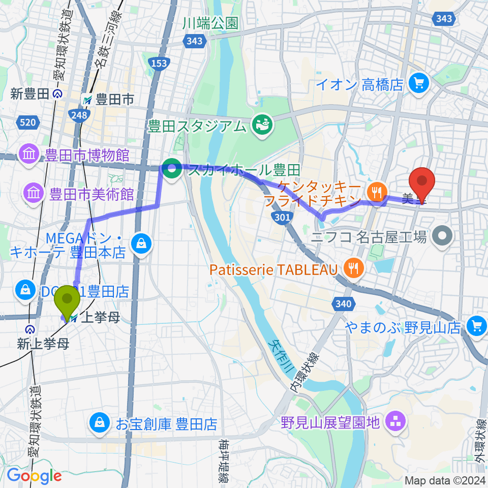 上挙母駅から豊田ミュージックアカデミーへのルートマップ地図