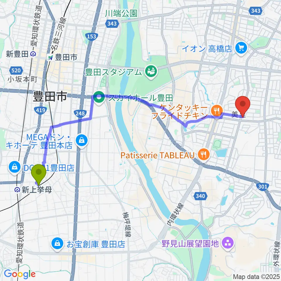 上挙母駅から豊田ミュージックアカデミーへのルートマップ地図