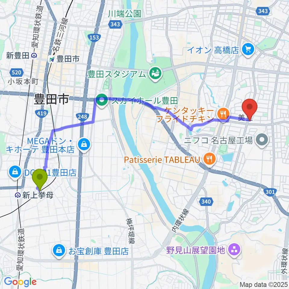 上挙母駅から豊田ミュージックアカデミーへのルートマップ地図