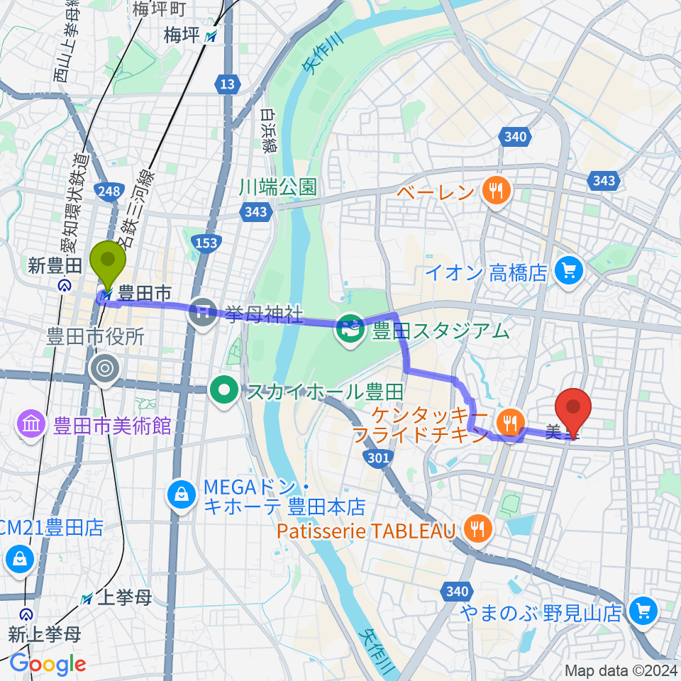 豊田ミュージックアカデミーの最寄駅豊田市駅からの徒歩ルート（約45分）地図