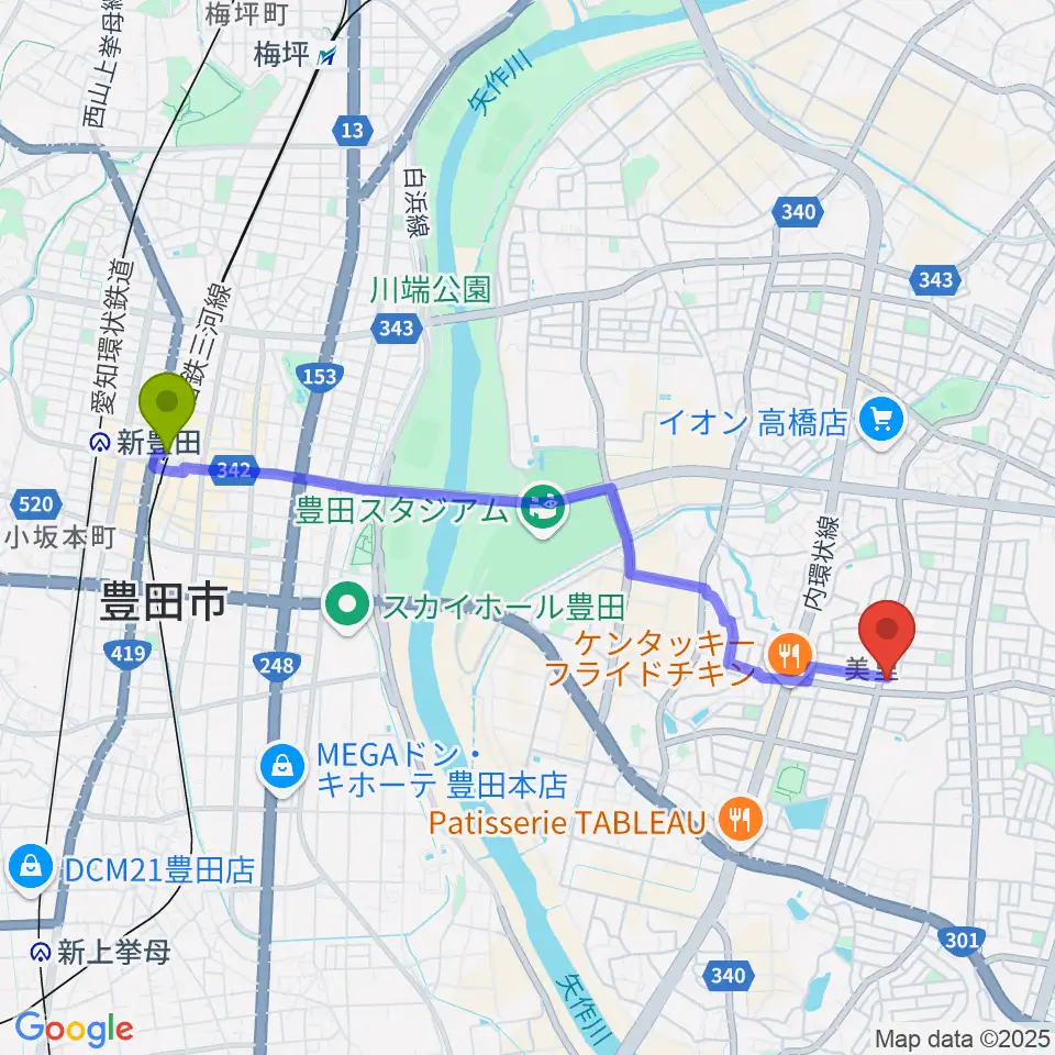 豊田ミュージックアカデミーの最寄駅豊田市駅からの徒歩ルート（約45分）地図