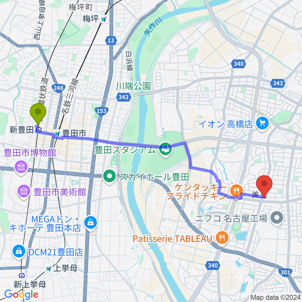 新豊田駅から豊田ミュージックアカデミーへのルートマップ地図