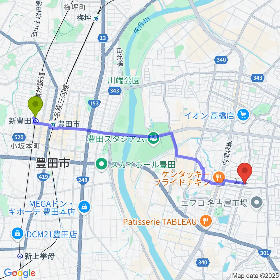 新豊田駅から豊田ミュージックアカデミーへのルートマップ地図