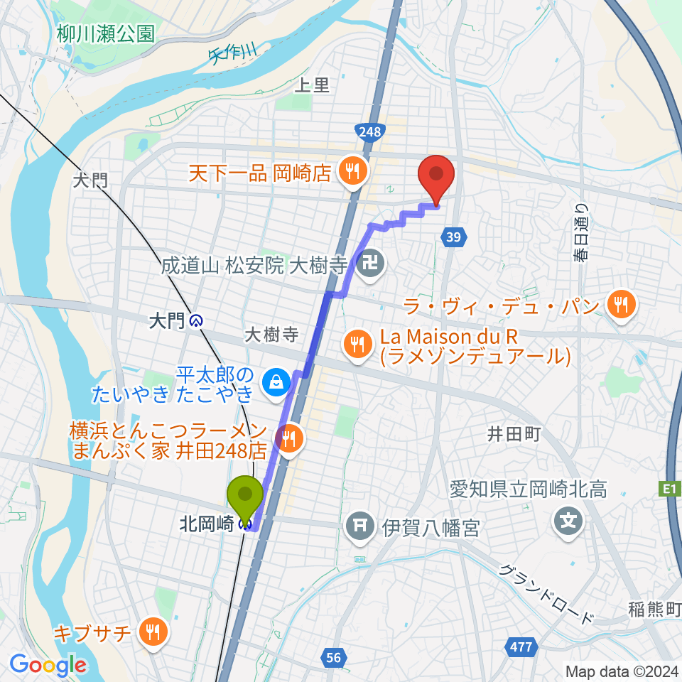 北岡崎駅からHIRO MUSIC HOUSEへのルートマップ地図