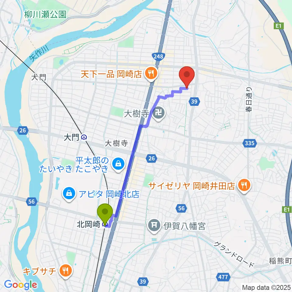 北岡崎駅からHIRO MUSIC HOUSEへのルートマップ地図