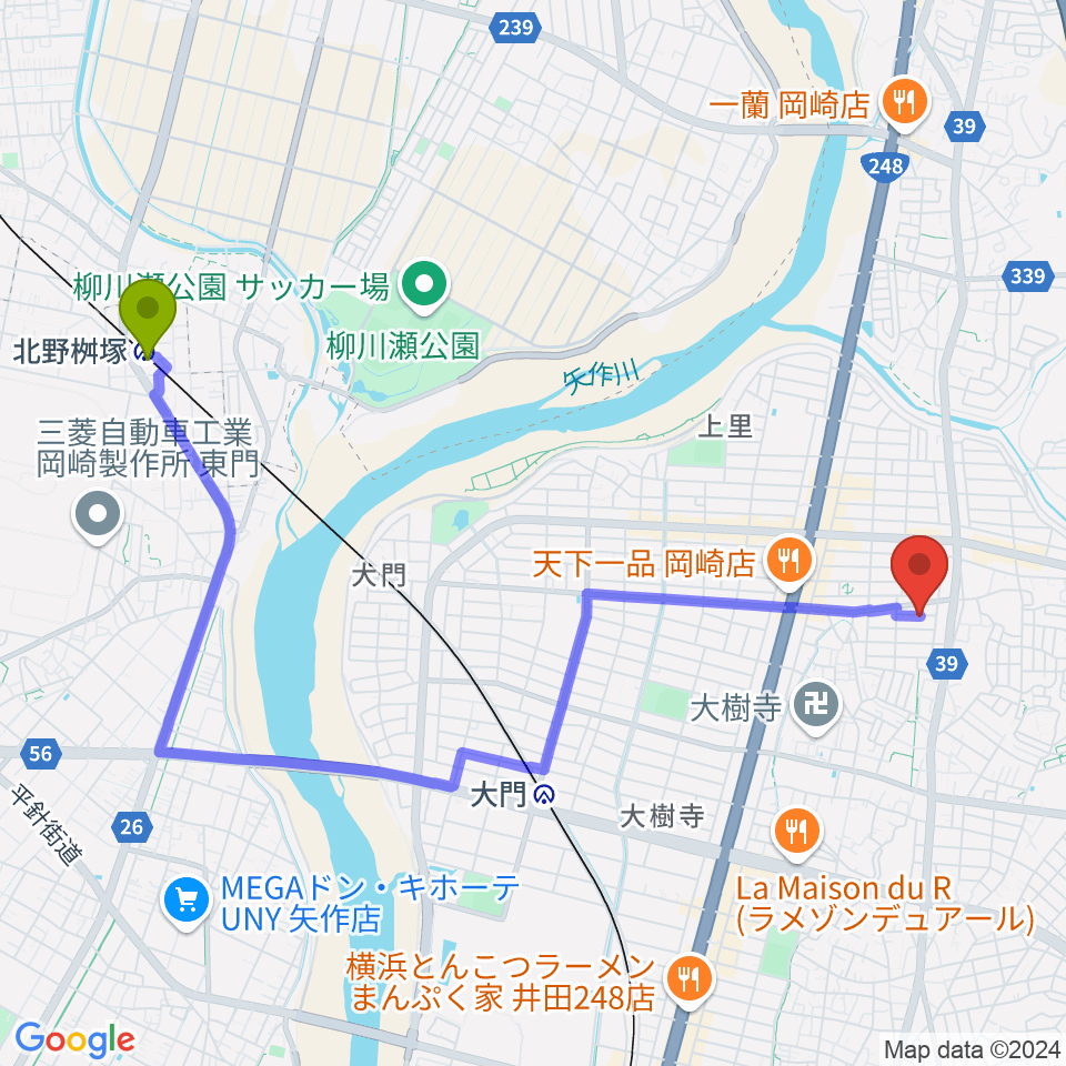 北野桝塚駅からHIRO MUSIC HOUSEへのルートマップ地図