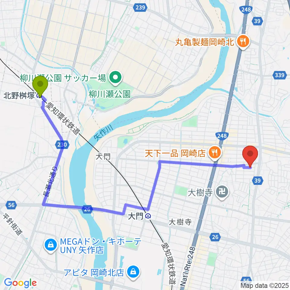 北野桝塚駅からHIRO MUSIC HOUSEへのルートマップ地図