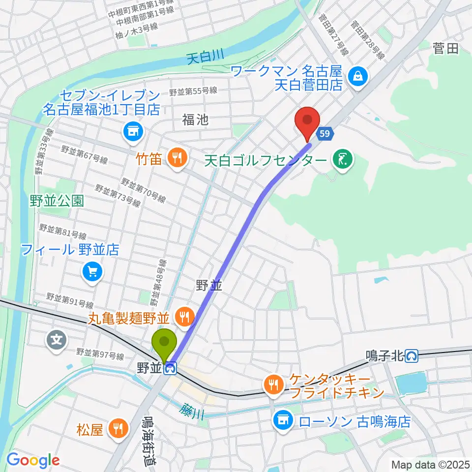 野並駅からミュージック・ドルチェ音楽教室へのルートマップ地図