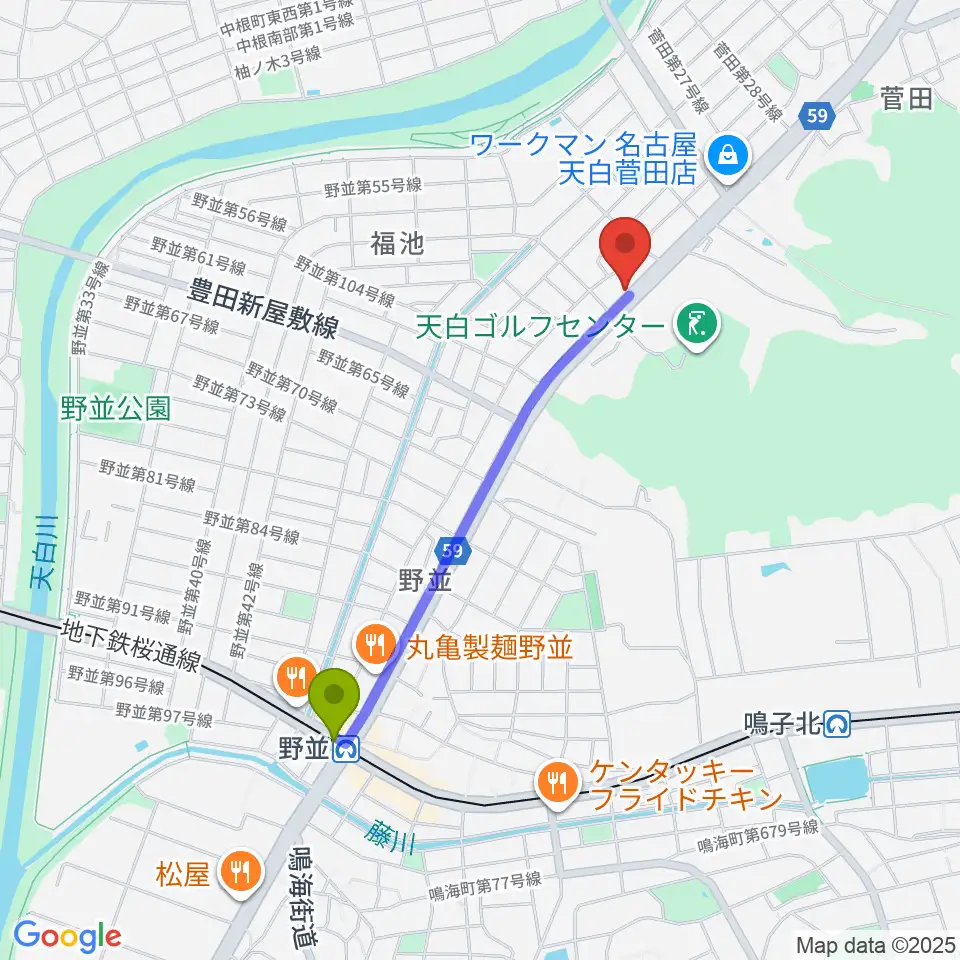 野並駅からミュージック・ドルチェ音楽教室へのルートマップ地図