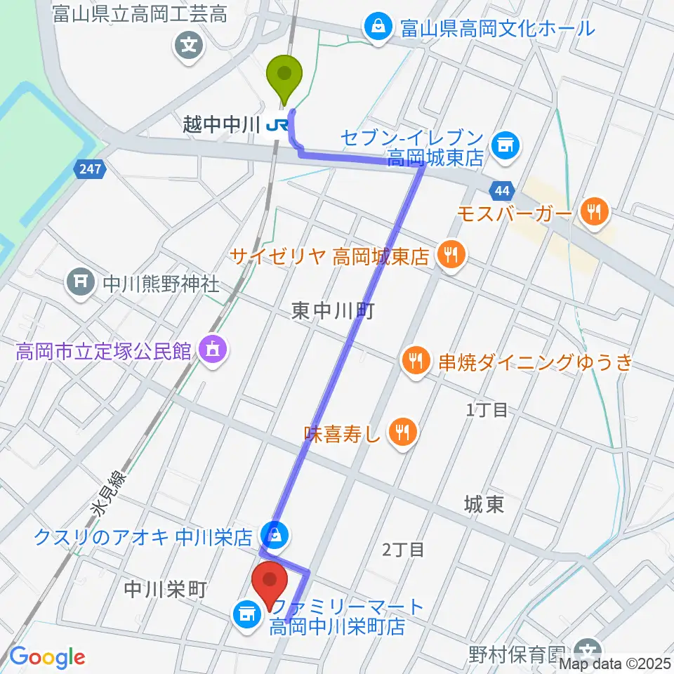 クリス音楽院の最寄駅越中中川駅からの徒歩ルート（約11分）地図