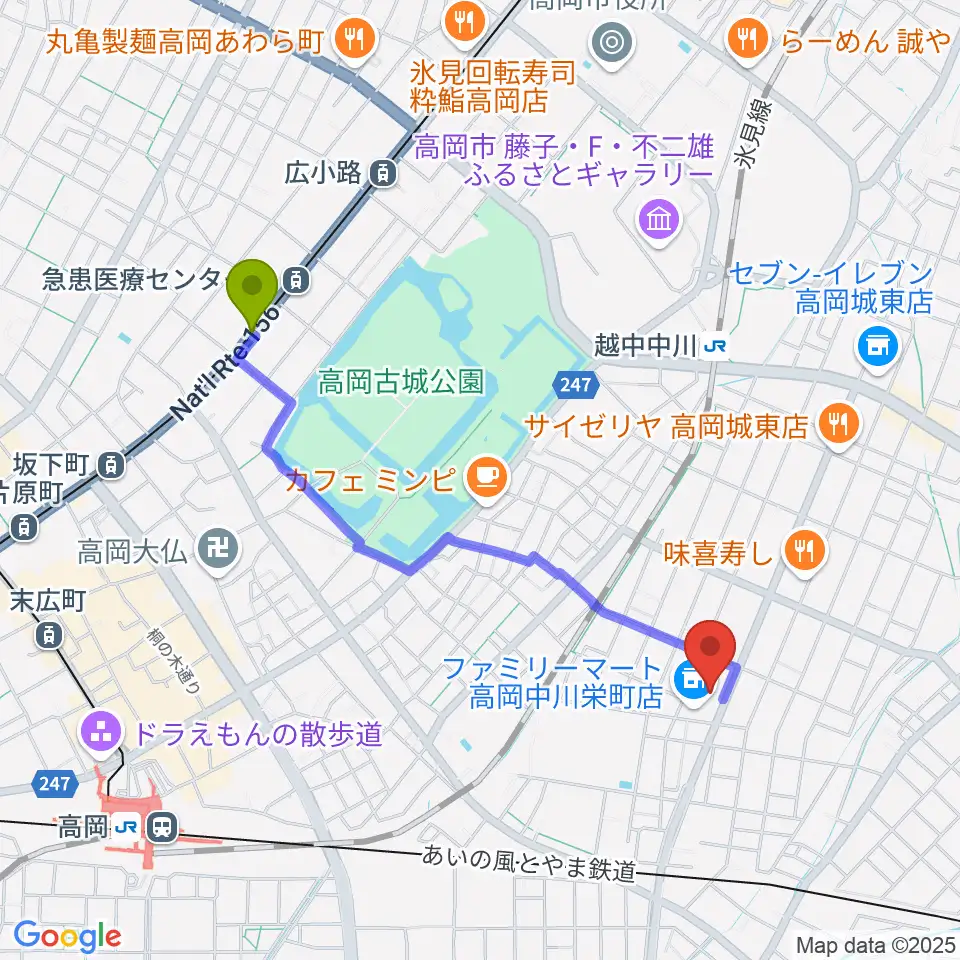 急患医療センター前駅からクリス音楽院へのルートマップ地図