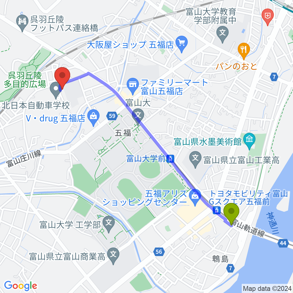 トヨタモビリティ富山 Gスクエア五福前（五福末広町）駅から四十谷ギター学院へのルートマップ地図