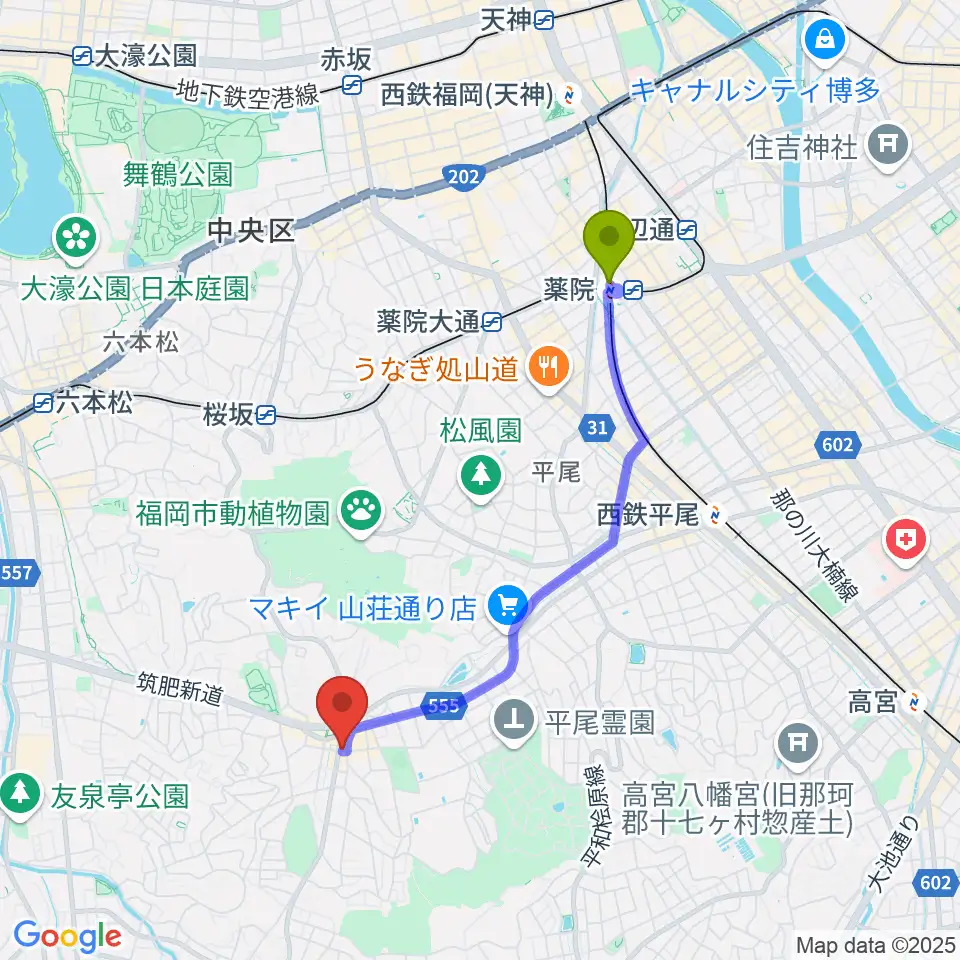 薬院駅からトンボーイミュージックへのルートマップ地図