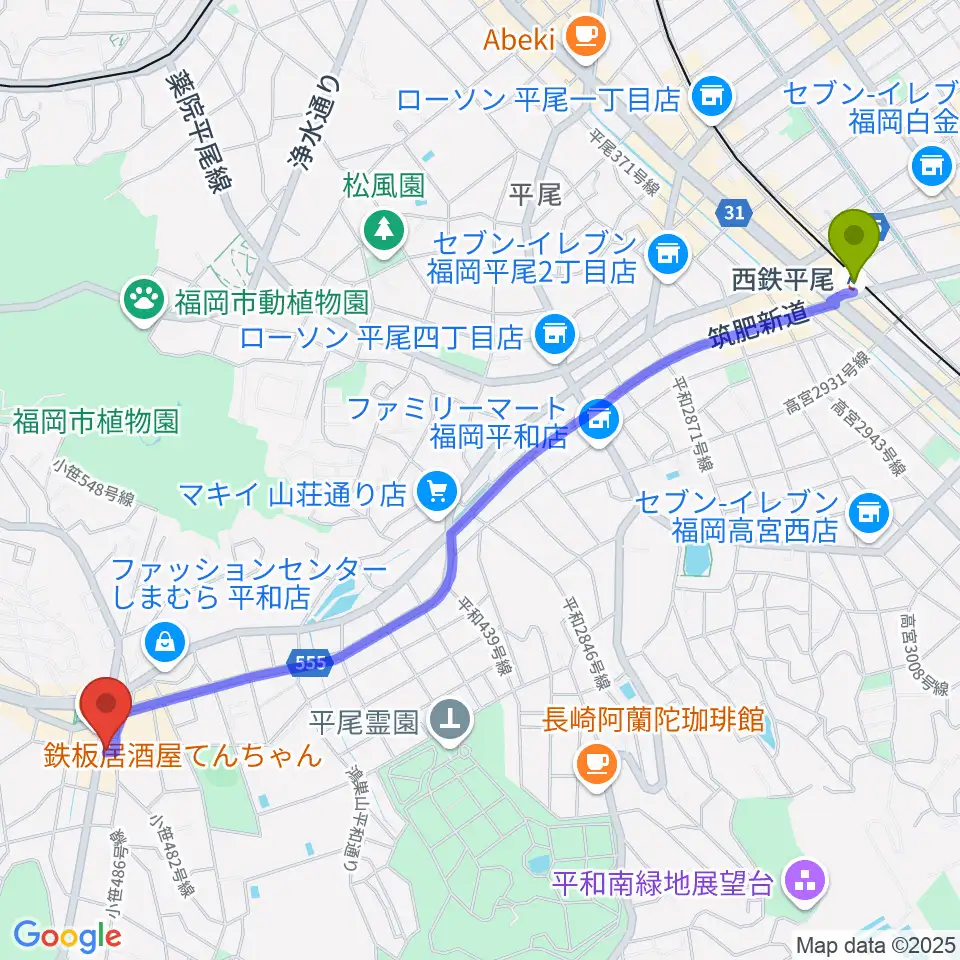 西鉄平尾駅からトンボーイミュージックへのルートマップ地図