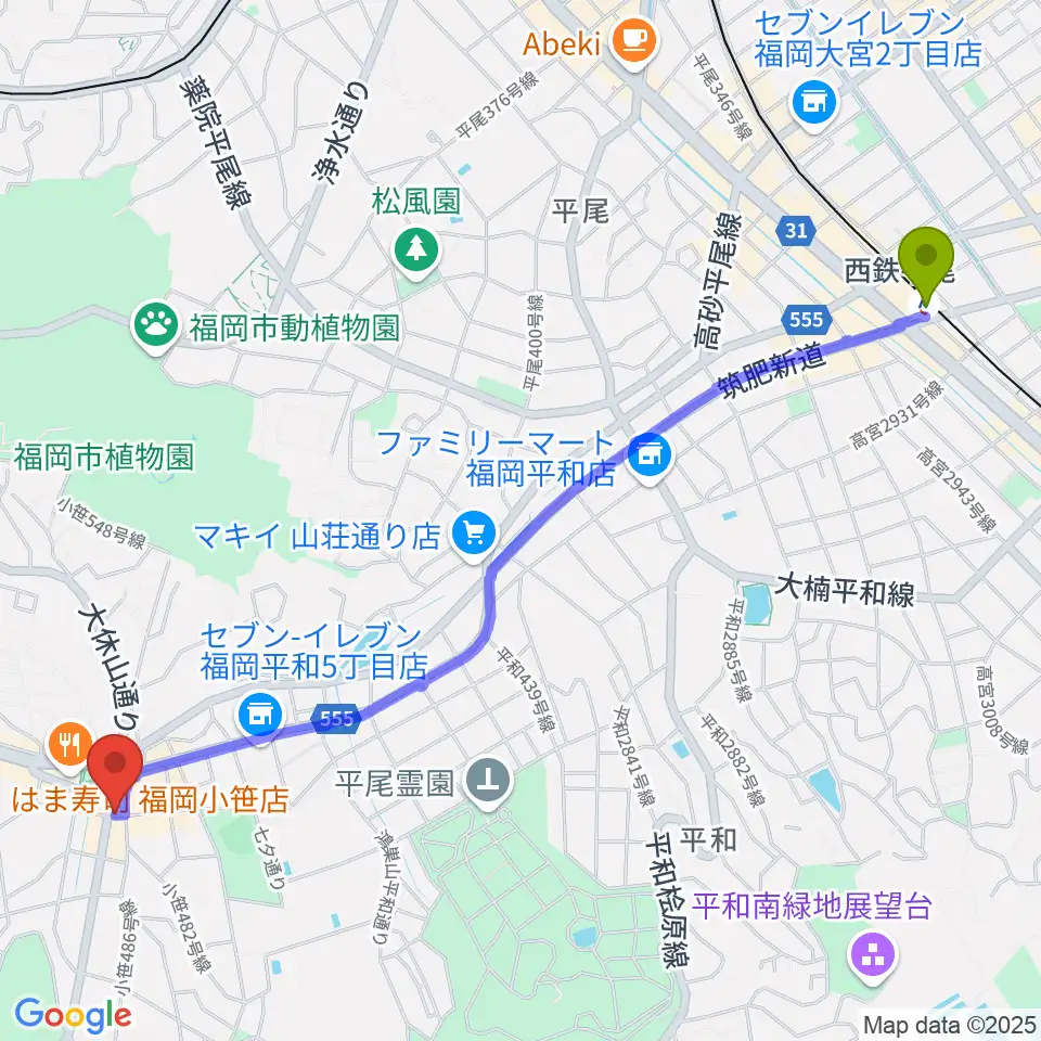 西鉄平尾駅からトンボーイミュージックへのルートマップ地図