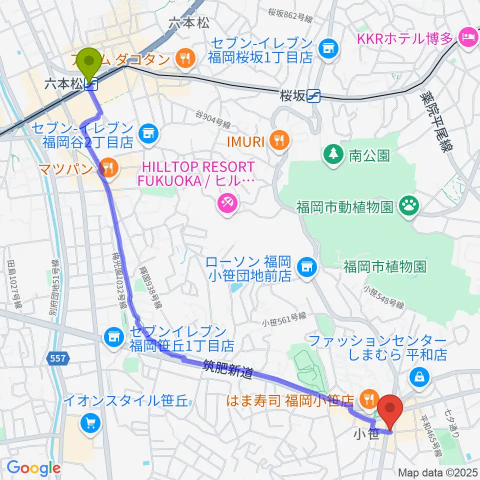 六本松駅からトンボーイミュージックへのルートマップ地図