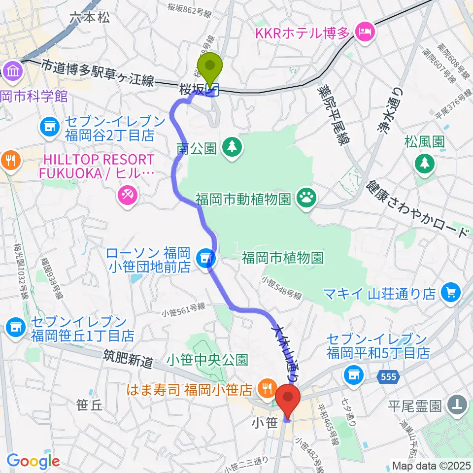 トンボーイミュージックの最寄駅桜坂駅からの徒歩ルート（約23分）地図