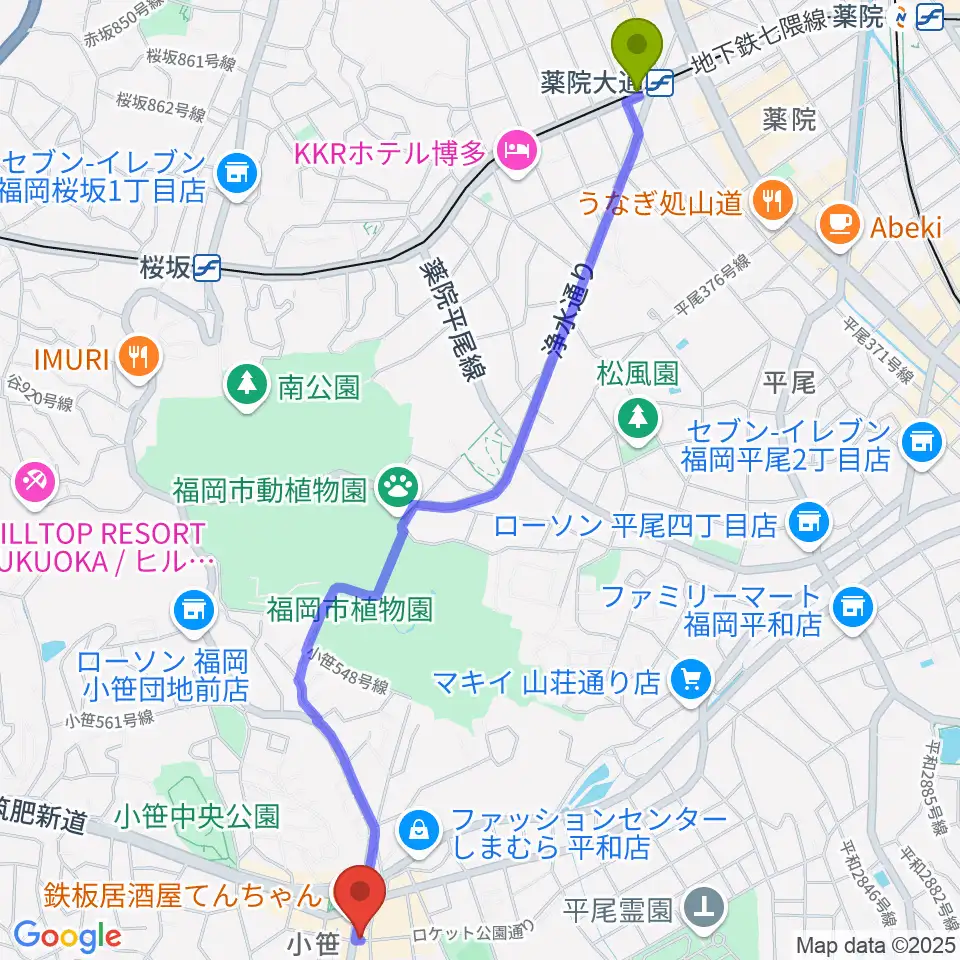 薬院大通駅からトンボーイミュージックへのルートマップ地図