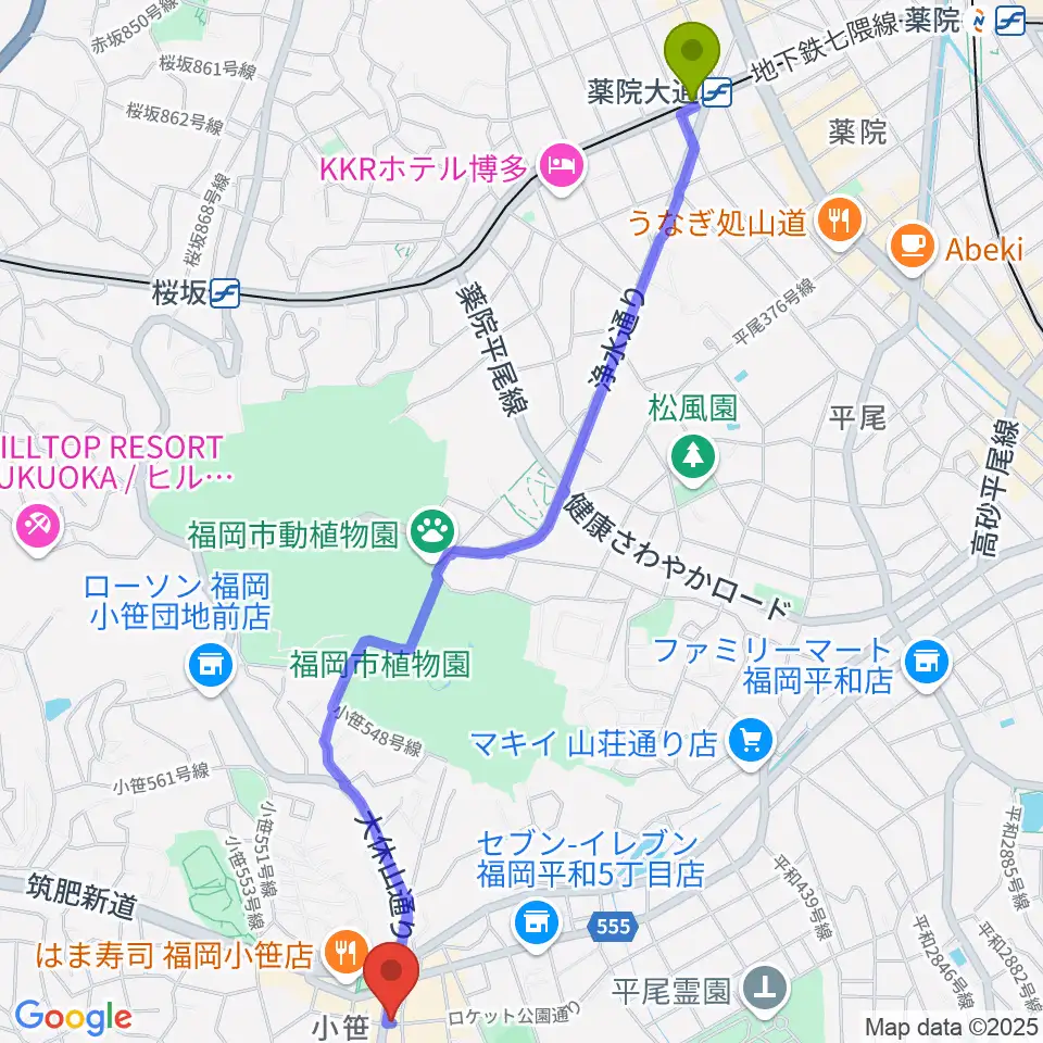 薬院大通駅からトンボーイミュージックへのルートマップ地図