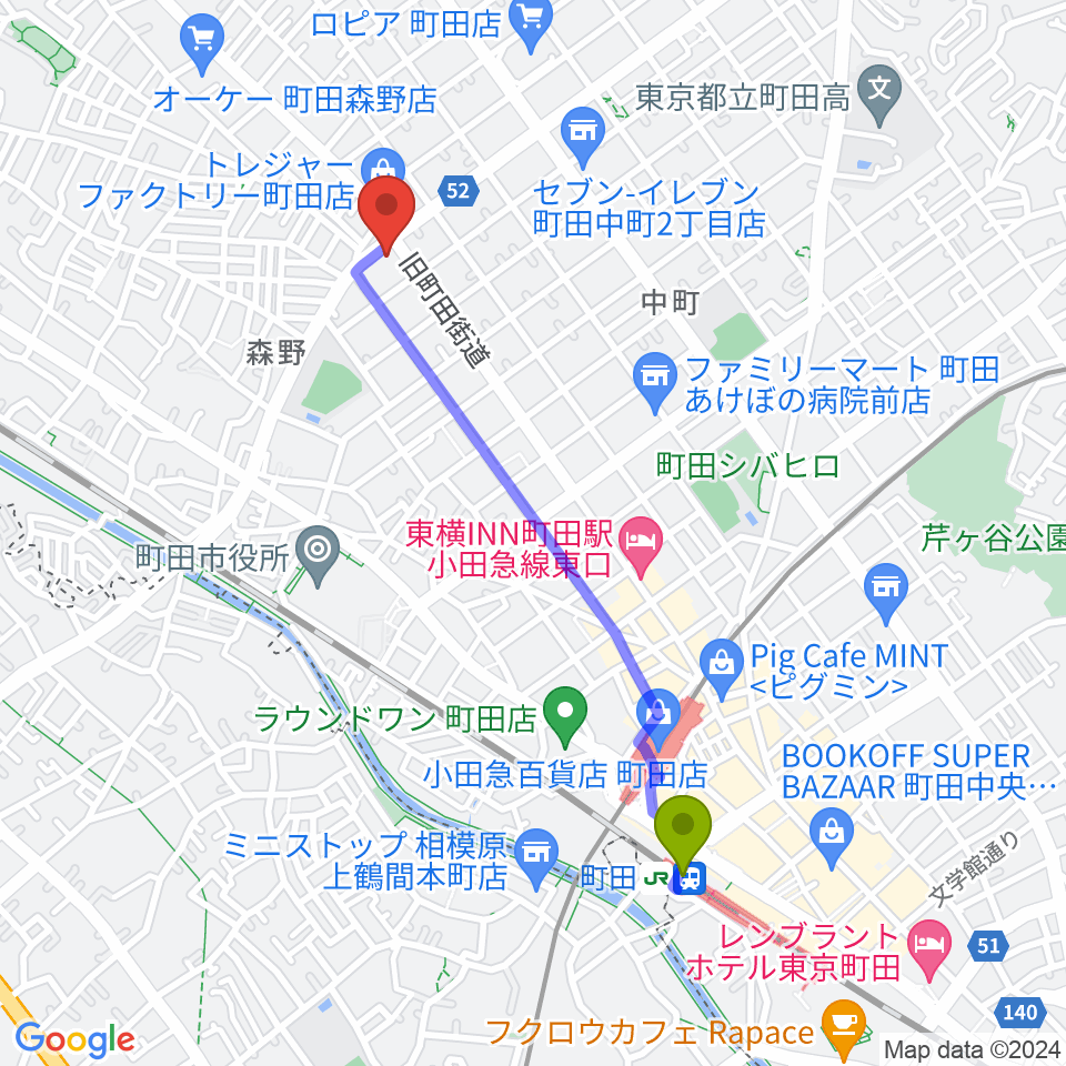 モダンギターセミナーの最寄駅町田駅からの徒歩ルート（約20分）地図