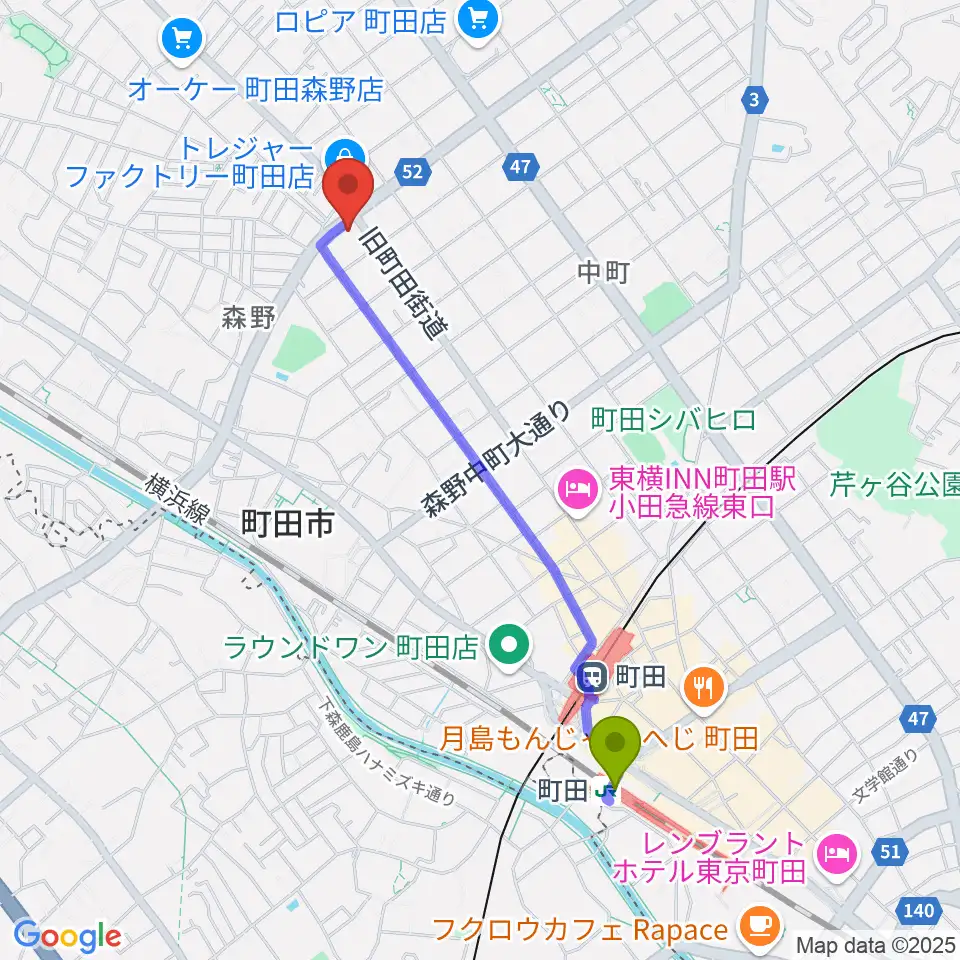 モダンギターセミナーの最寄駅町田駅からの徒歩ルート（約20分）地図