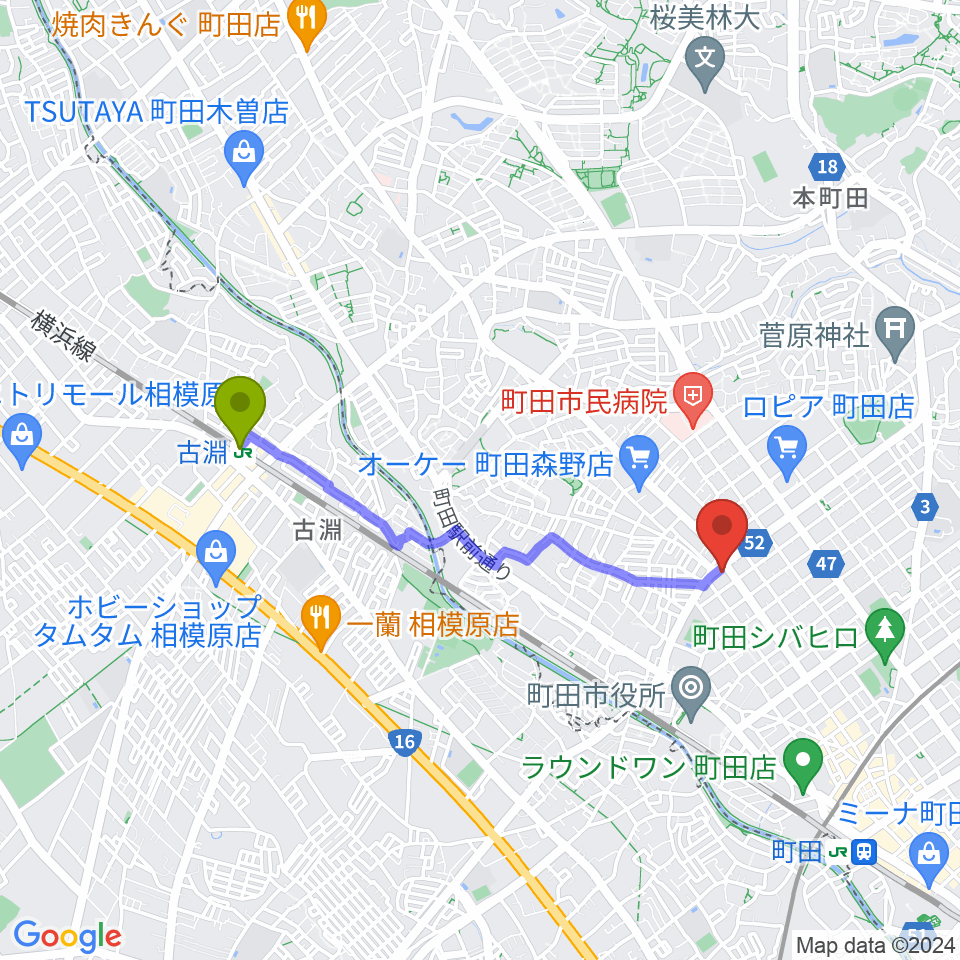 古淵駅からモダンギターセミナーへのルートマップ地図