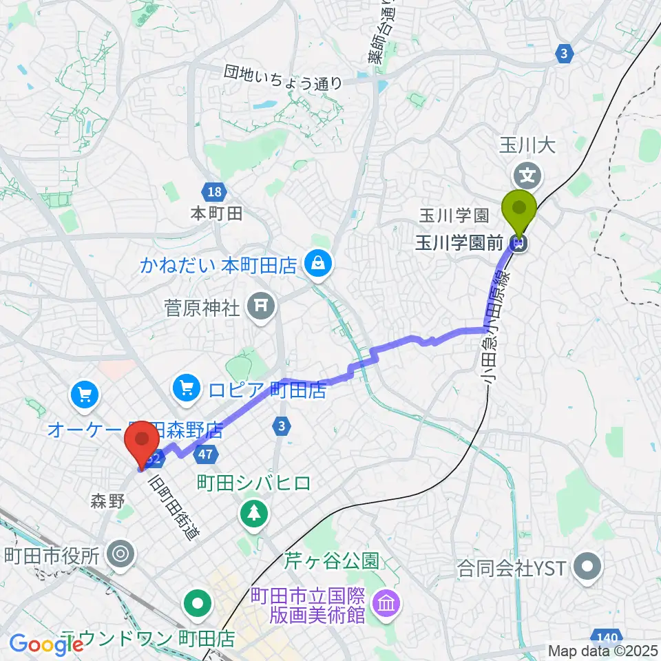 玉川学園前駅からモダンギターセミナーへのルートマップ地図