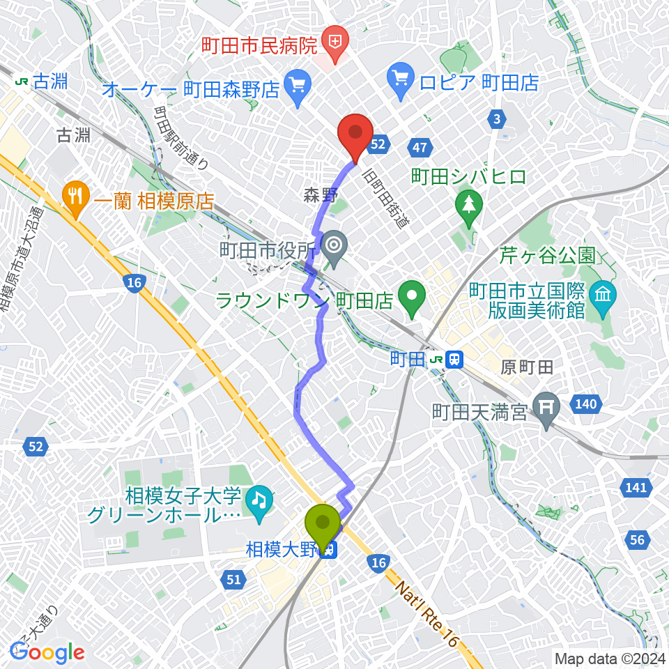 相模大野駅からモダンギターセミナーへのルートマップ地図