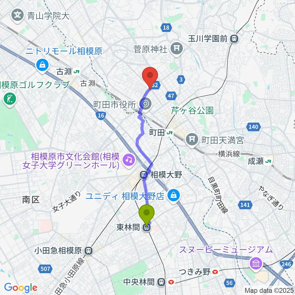 東林間駅からモダンギターセミナーへのルートマップ地図