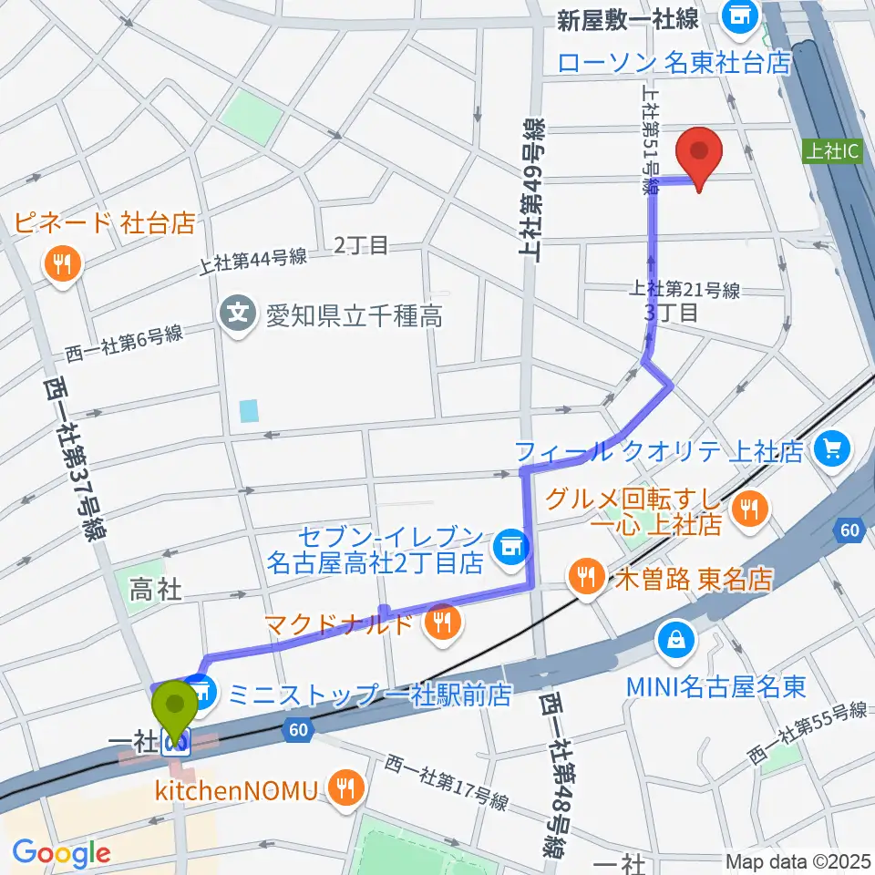 一社駅からキューミュージックラボへのルートマップ地図