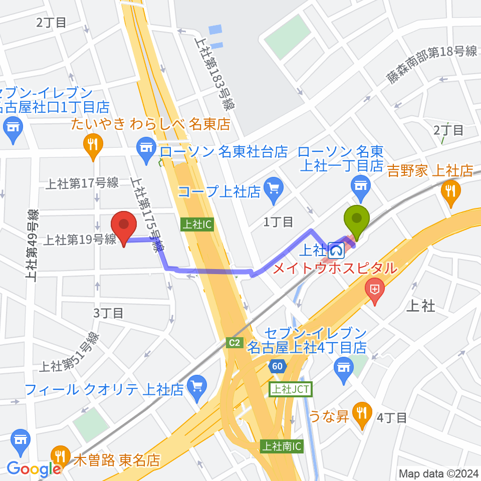 キューミュージックラボの最寄駅上社駅からの徒歩ルート（約8分）地図