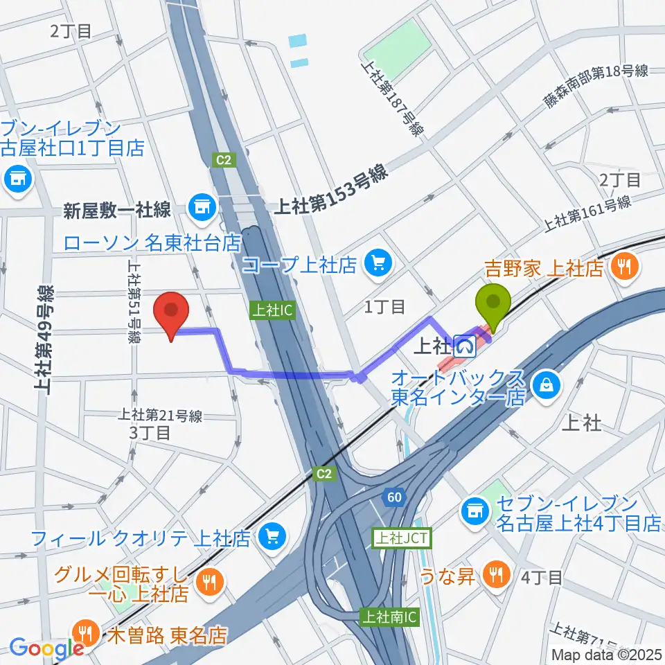 キューミュージックラボの最寄駅上社駅からの徒歩ルート（約8分）地図