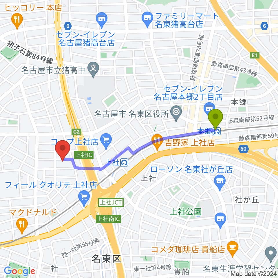 本郷駅からキューミュージックラボへのルートマップ地図