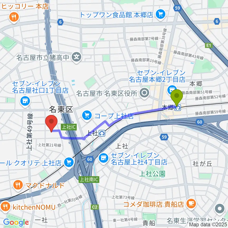 本郷駅からキューミュージックラボへのルートマップ地図