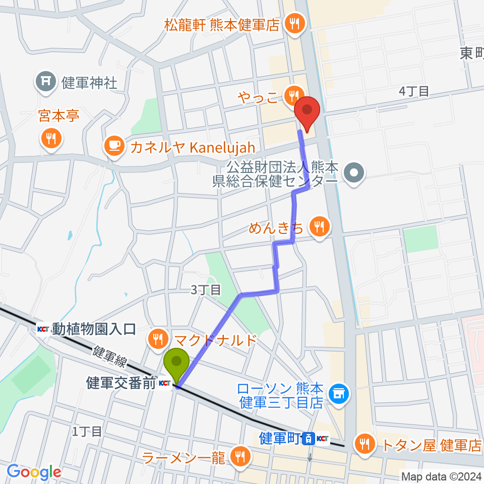 有明楽器 健軍本店の最寄駅健軍交番前駅からの徒歩ルート（約9分）地図