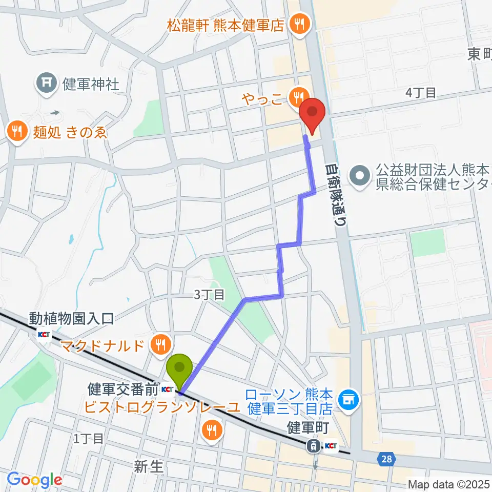 有明楽器 健軍本店の最寄駅健軍交番前駅からの徒歩ルート（約9分）地図