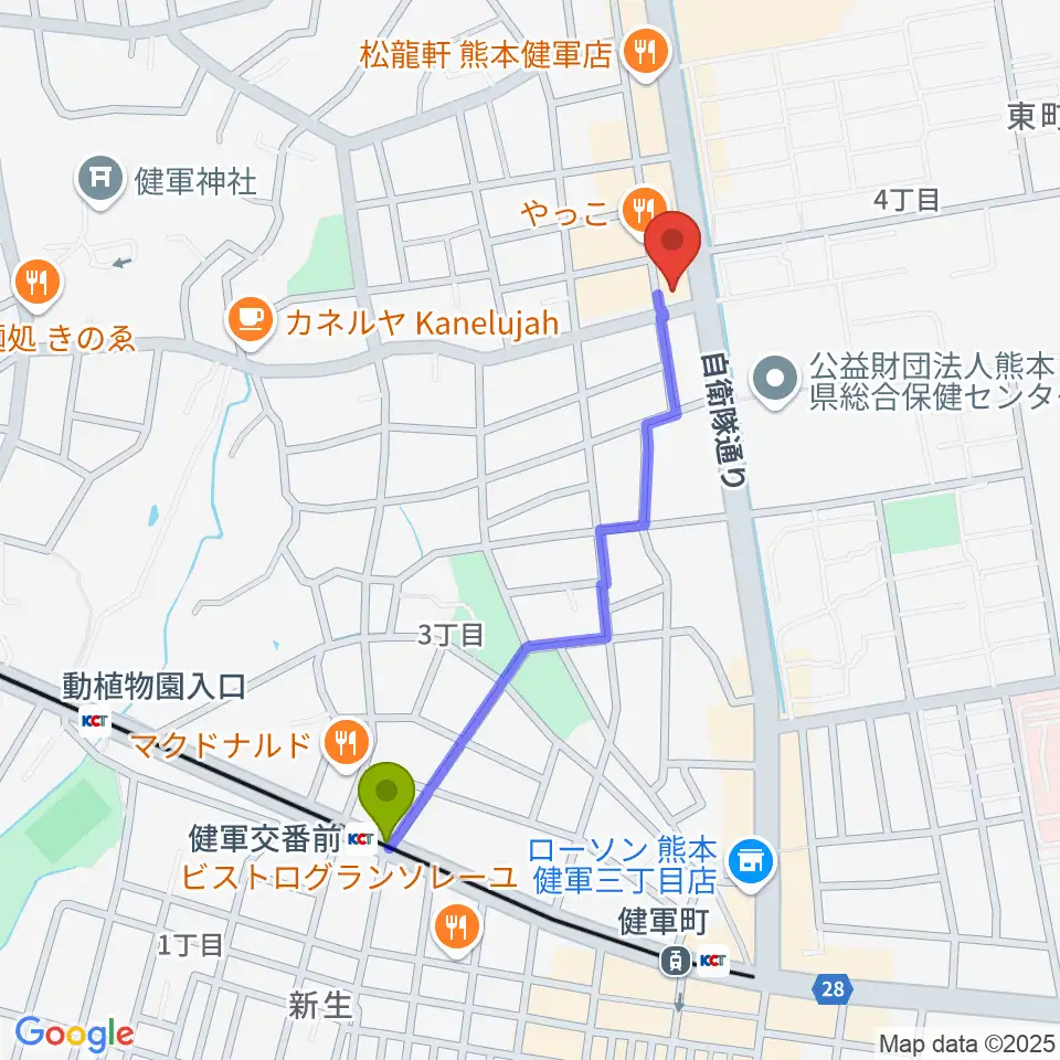 有明楽器 健軍本店の最寄駅健軍交番前駅からの徒歩ルート（約9分）地図