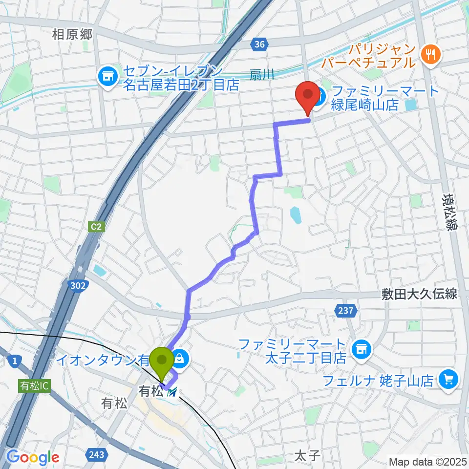 ボイスミュージックの最寄駅有松駅からの徒歩ルート（約20分）地図