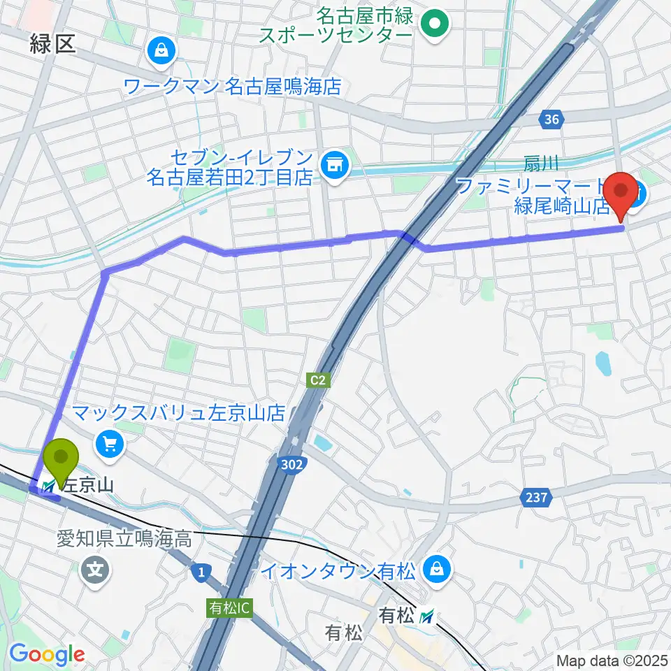 左京山駅からボイスミュージックへのルートマップ地図