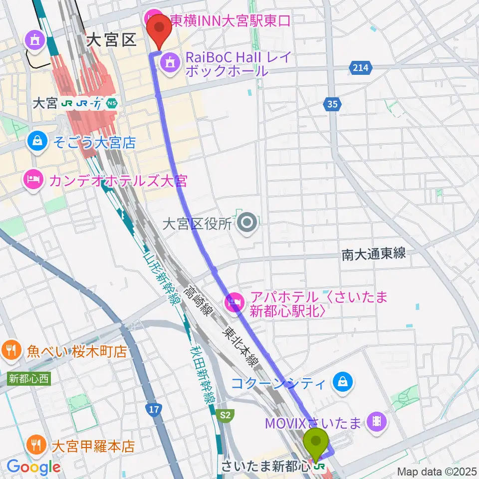 さいたま新都心駅から小島ギタースクールへのルートマップ地図