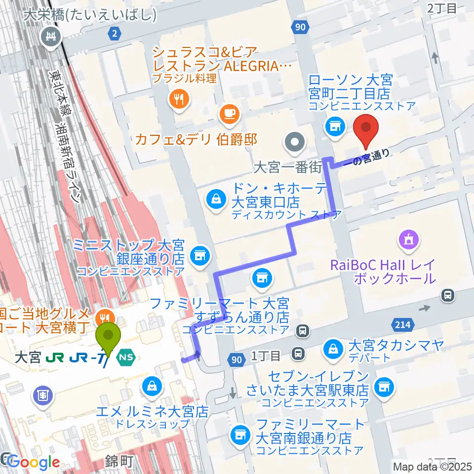 小島ギタースクールの最寄駅大宮駅からの徒歩ルート（約5分）地図